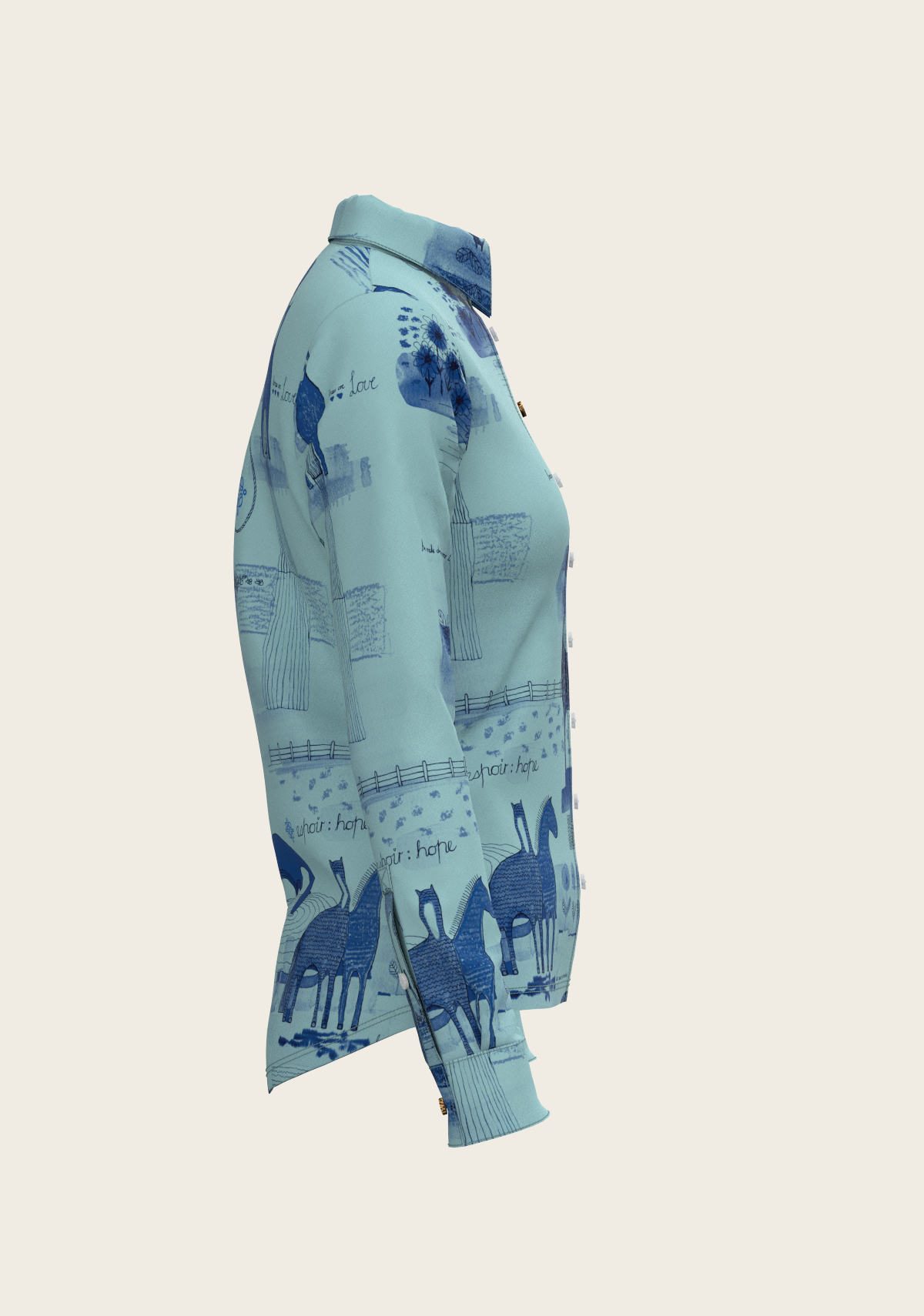 Espoir - Daydreaming Horses in Blue Ladies Button Shirt