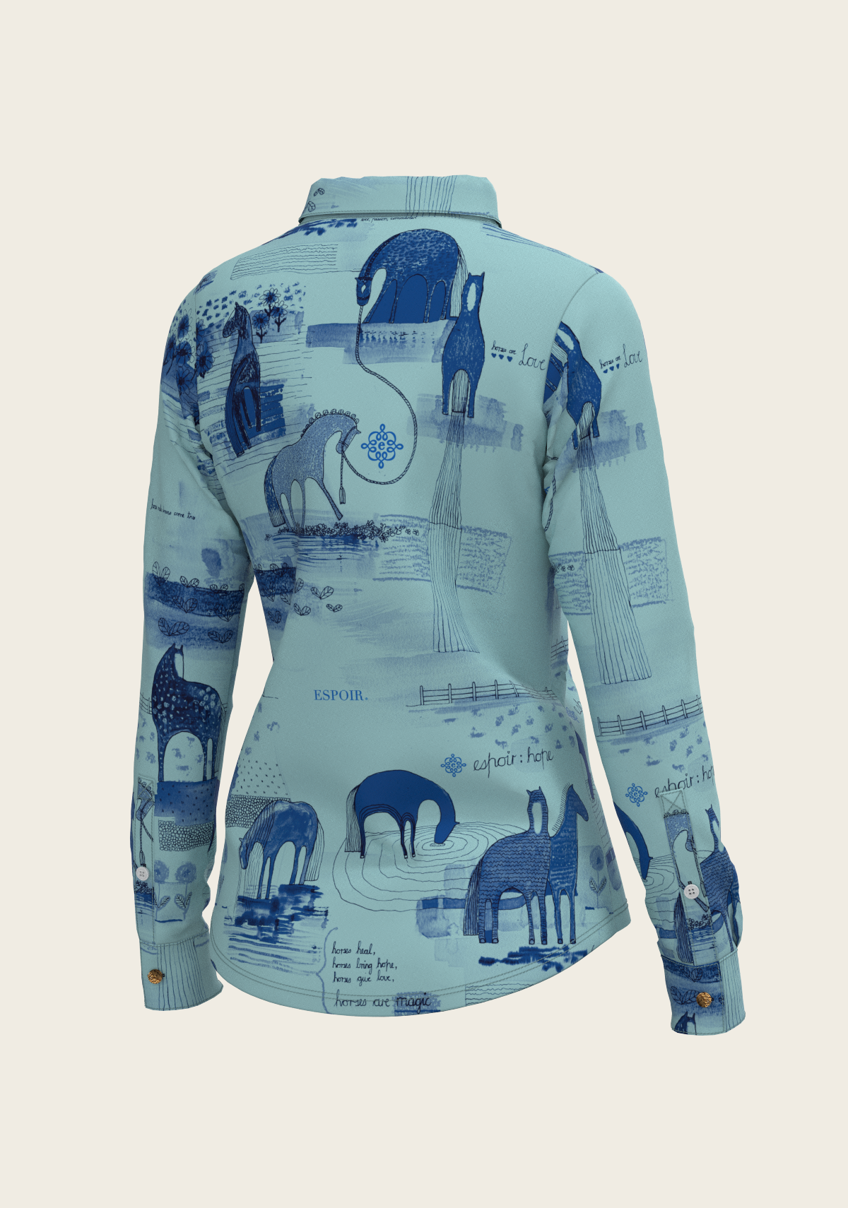 Espoir - Daydreaming Horses in Blue Ladies Button Shirt
