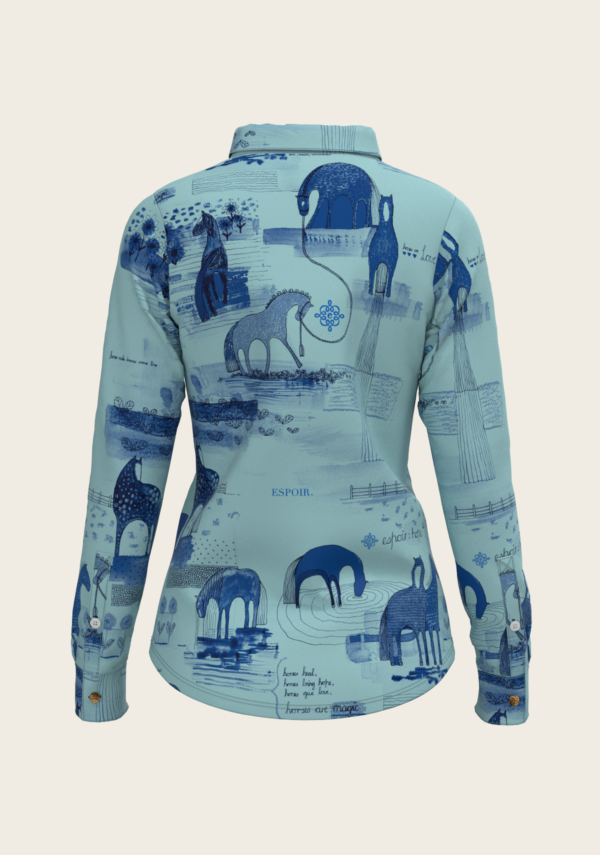 Espoir - Daydreaming Horses in Blue Ladies Button Shirt