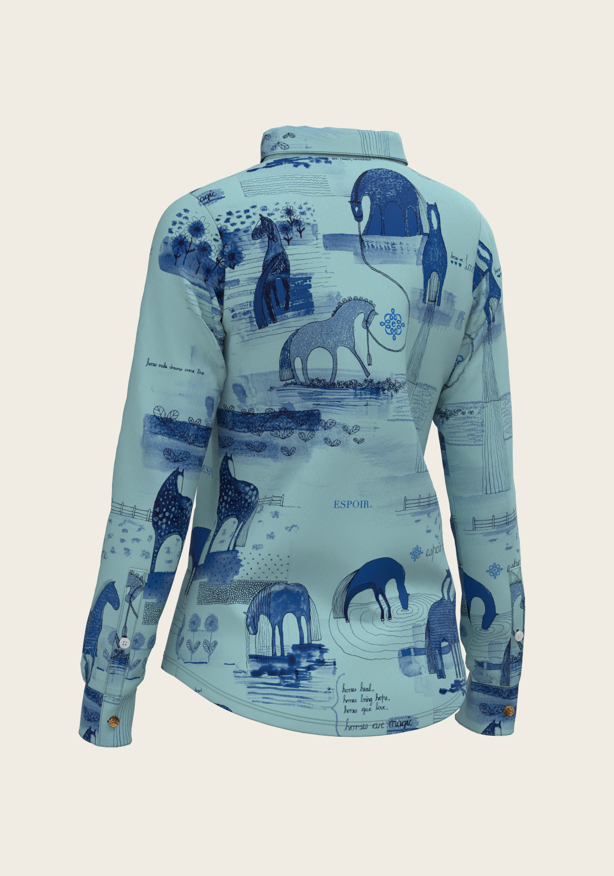 Espoir - Daydreaming Horses in Blue Ladies Button Shirt