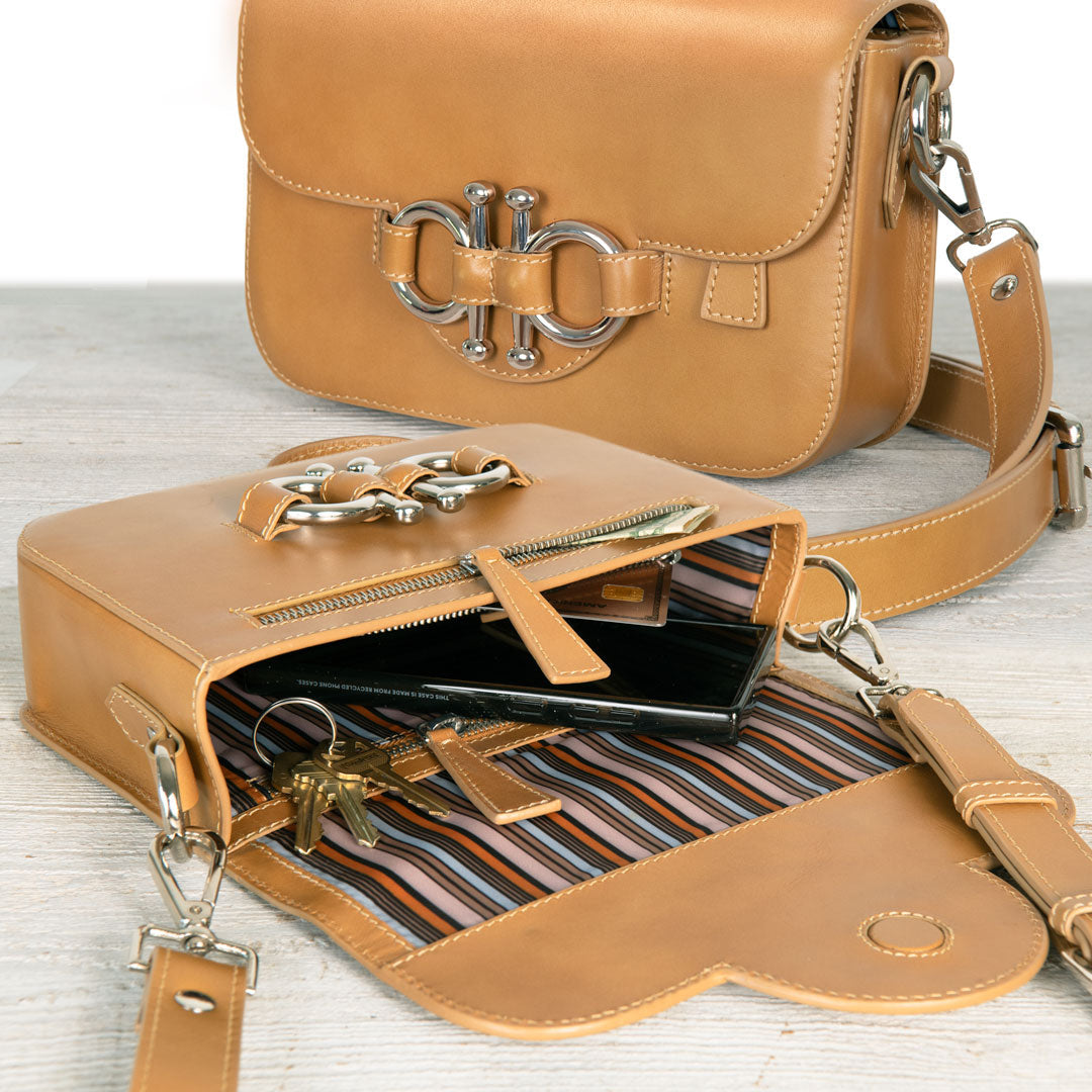 Urban Equestrian Lana - Horse Bit Crossbody Luxury Leather Bag in Caramel