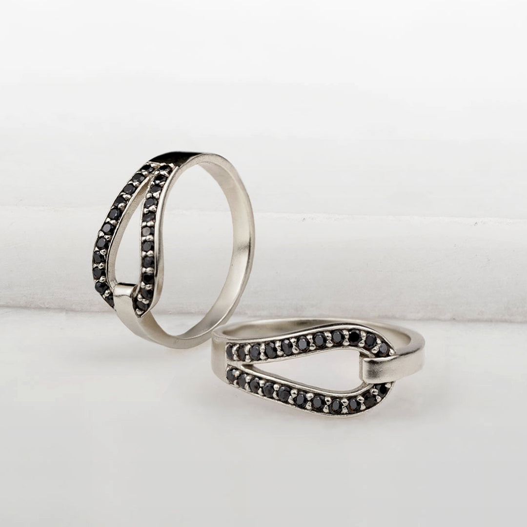 Urban Equestrian - Levade - Black Moissanite Equestrian Horseshoe Ring in Silver