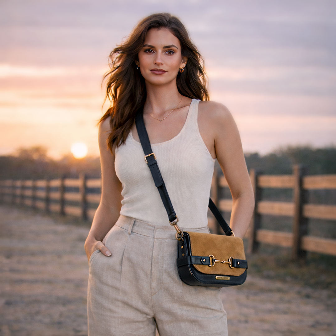 Urban Equestrian Saratoga- Horse Bit Crossbody Luxury Leather Handbag in Black on Chestnut