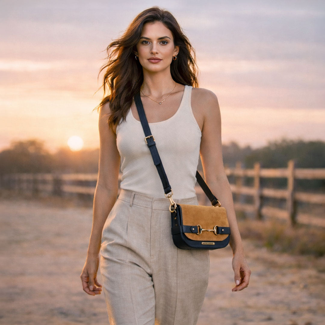 Urban Equestrian Saratoga- Horse Bit Crossbody Luxury Leather Handbag in Black on Chestnut