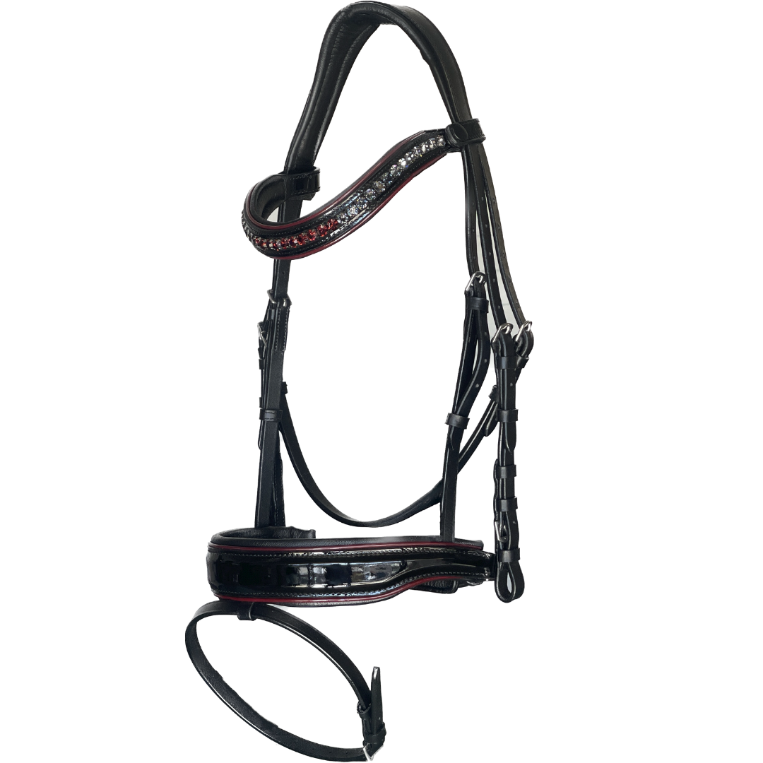 Halter Ego - The Hayworth - Black Patent Snaffle with Burgundy Patent Piping & Removable Flash
