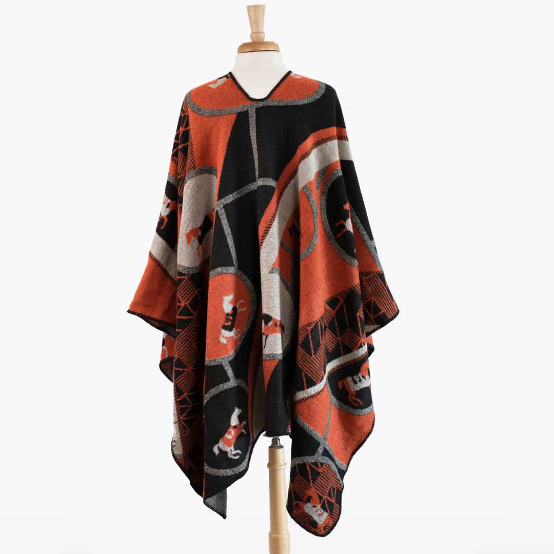 Urban Equestrian Adina -  Equestrian Motif Shawl in Tangerine, Charcoal and Black Luxe Wrap
