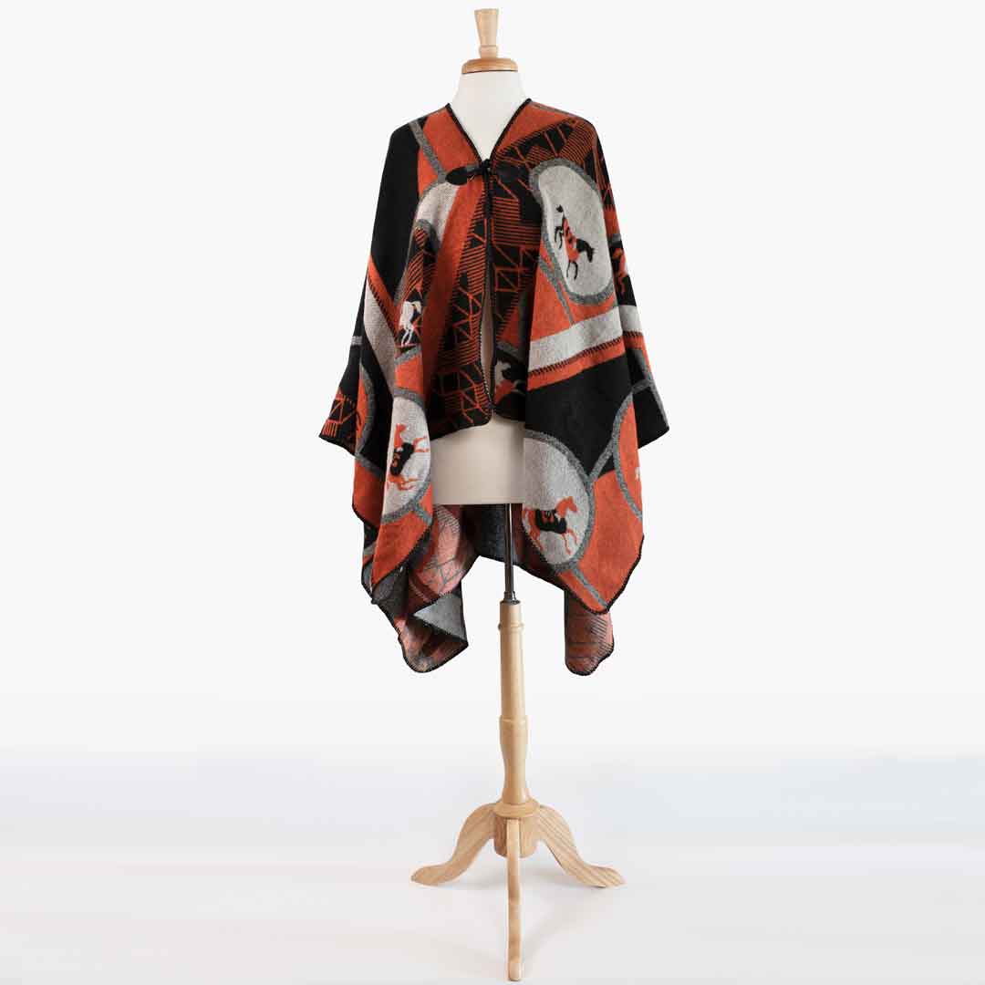 Urban Equestrian Adina -  Equestrian Motif Shawl in Tangerine, Charcoal and Black Luxe Wrap