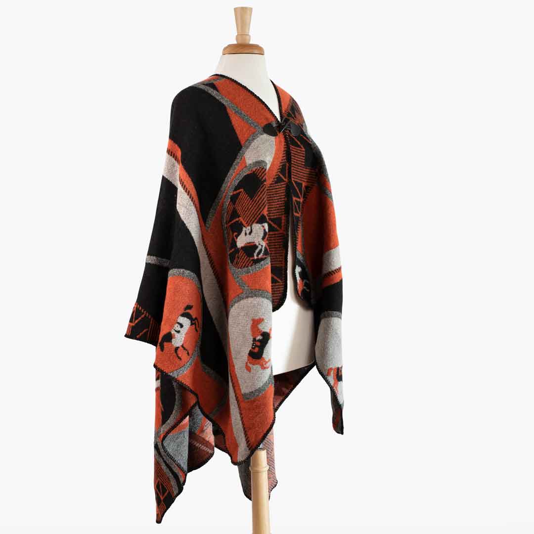 Urban Equestrian Adina -  Equestrian Motif Shawl in Tangerine, Charcoal and Black Luxe Wrap