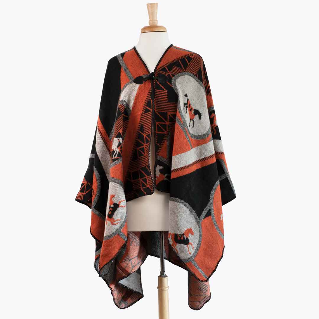 Urban Equestrian Adina -  Equestrian Motif Shawl in Tangerine, Charcoal and Black Luxe Wrap