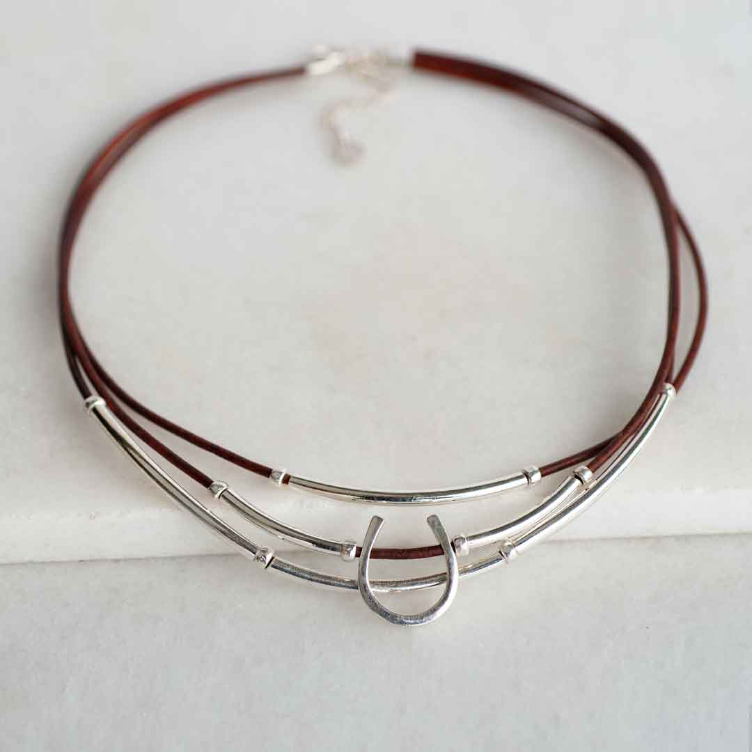 Urban Equestrian - Calista - Equestrian Horseshoe Necklace on Brown Leather