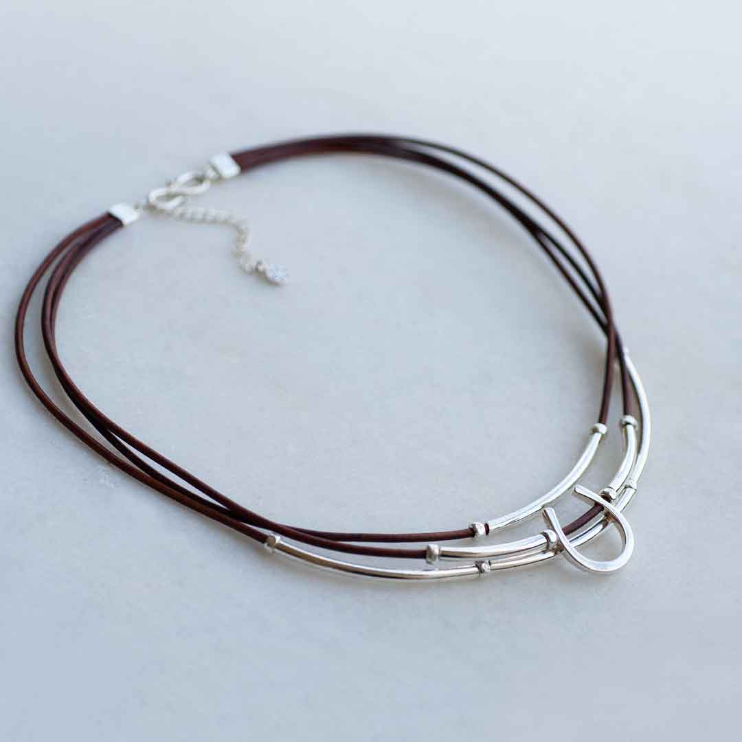 Urban Equestrian - Calista - Equestrian Horseshoe Necklace on Brown Leather