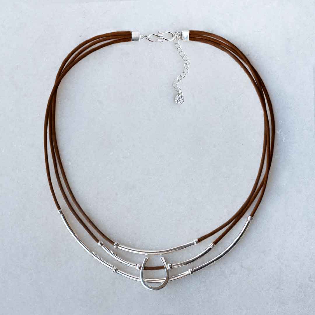 Urban Equestrian - Calista - Equestrian Horseshoe Necklace on Brown Leather