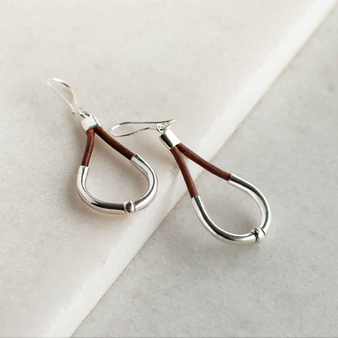 Urban Equestrian - Calista - Sterling Silver Bosal Horseshoe Earring on Brown Leather