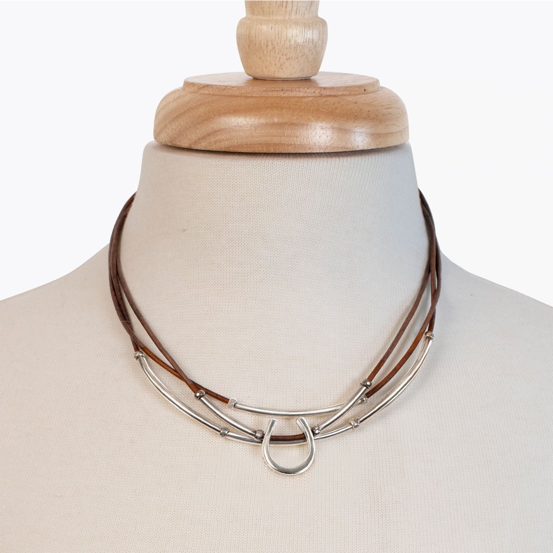 Urban Equestrian - Calista - Equestrian Horseshoe Necklace on Brown Leather