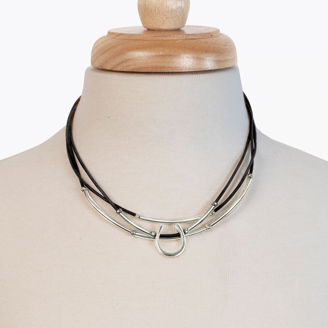 Urban Equestrian - Calista - Equestrian Horseshoe Necklace on Black Leather