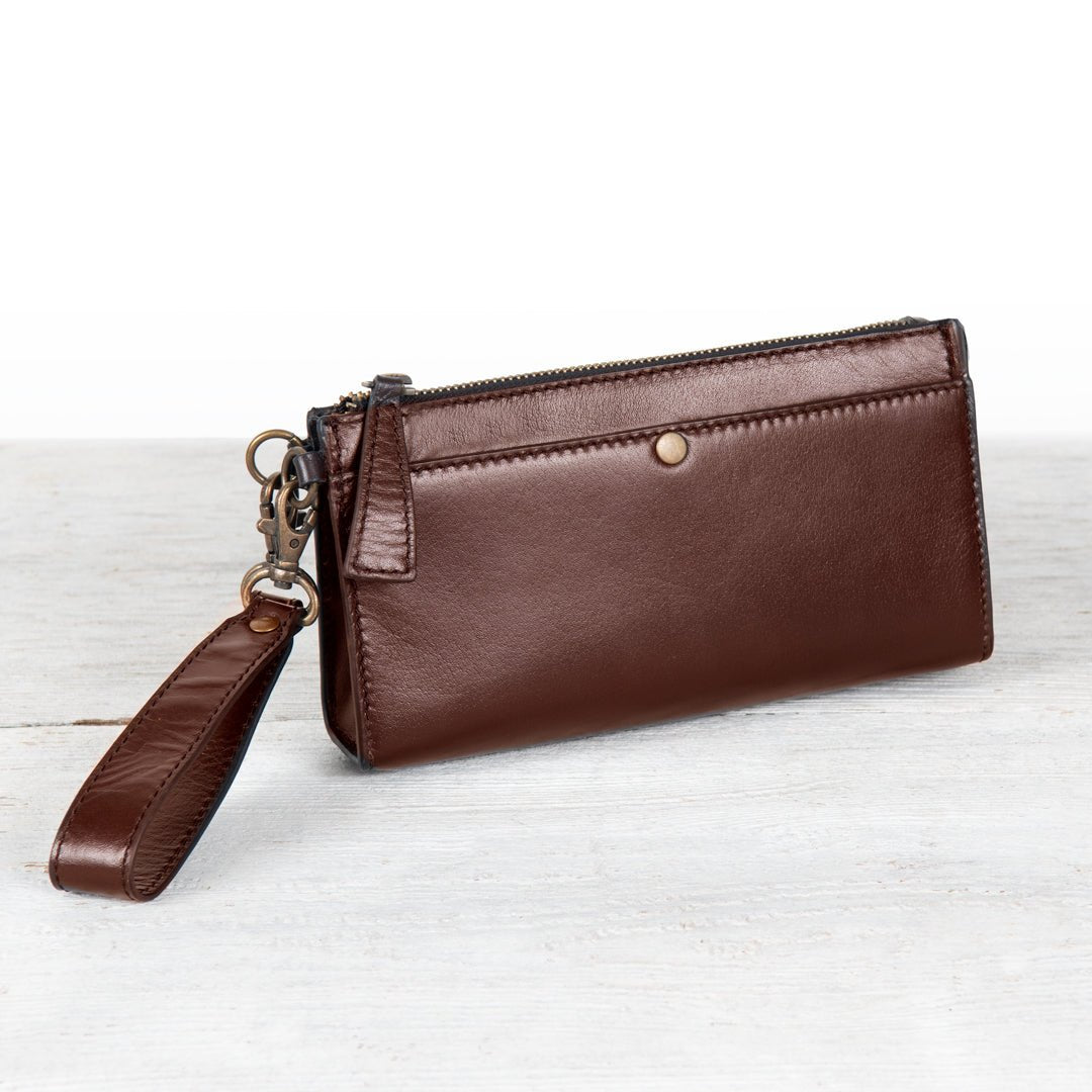 Urban Equestrian Caravel Wristlet Clutch - Luxury Leather Handbag in Deep Brown