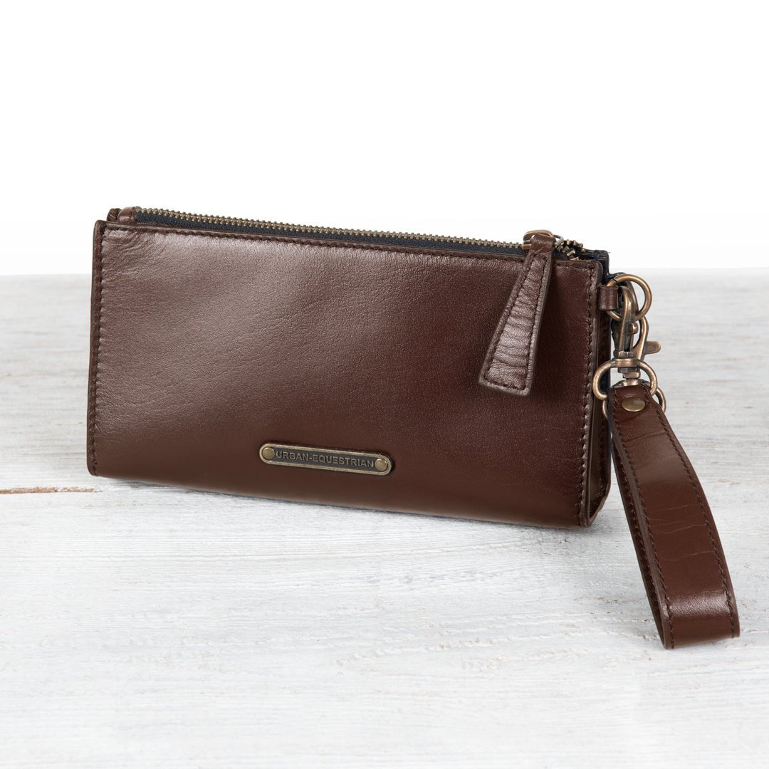 Urban Equestrian Caravel Wristlet Clutch - Luxury Leather Handbag in Deep Brown