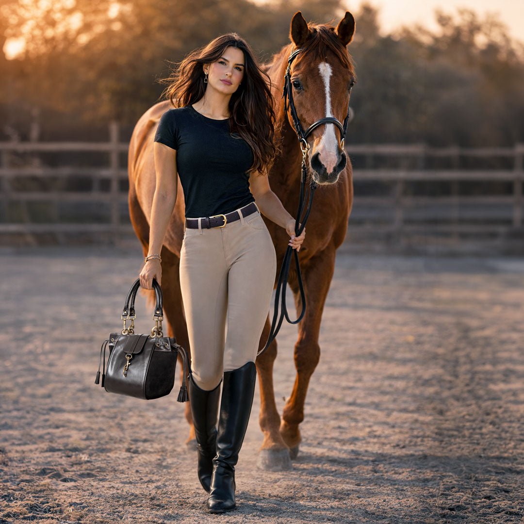 Urban Equestrian Cassidy - Luxury Leather Bucket Handbag in Black