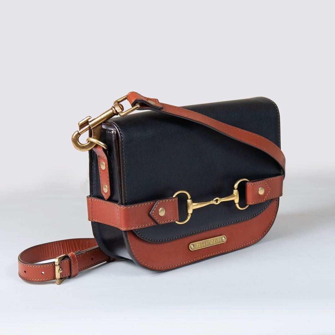 Urban Equestrian Saratoga - Horse Bit Crossbody Luxury Leather Handbag in Cognac on Black