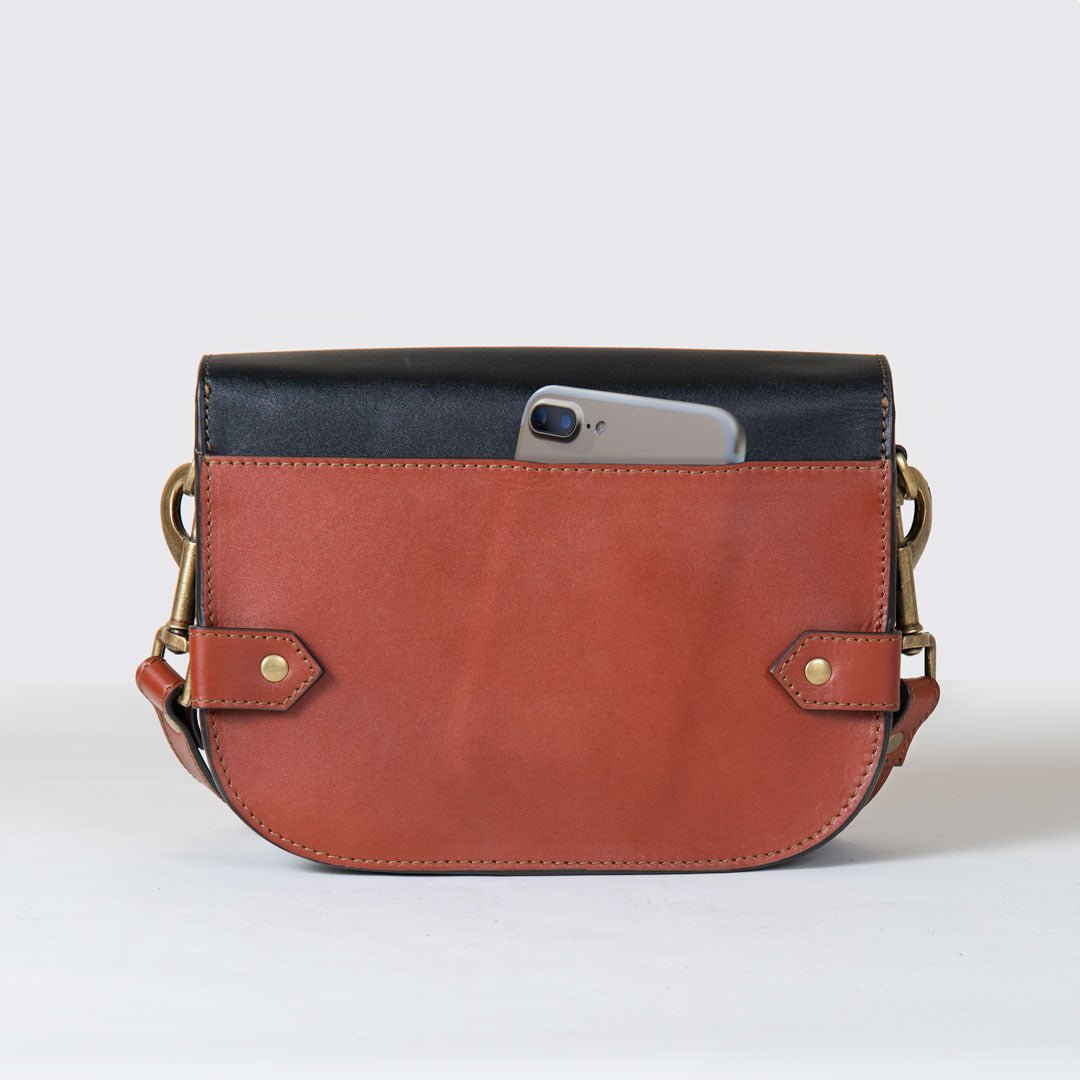 Urban Equestrian Saratoga - Horse Bit Crossbody Luxury Leather Handbag in Cognac on Black