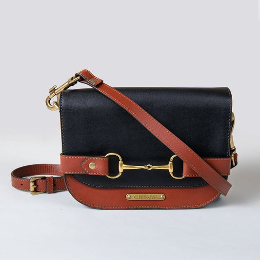 Urban Equestrian Saratoga - Horse Bit Crossbody Luxury Leather Handbag in Cognac on Black