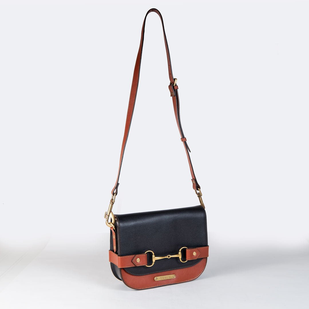 Urban Equestrian Saratoga - Horse Bit Crossbody Luxury Leather Handbag in Cognac on Black