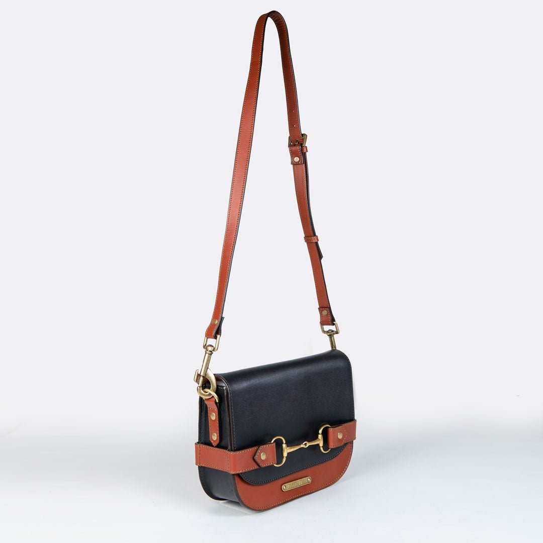 Urban Equestrian Saratoga - Horse Bit Crossbody Luxury Leather Handbag in Cognac on Black