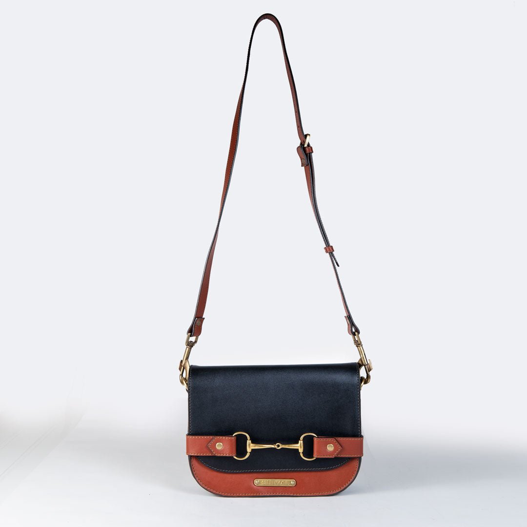 Urban Equestrian Saratoga - Horse Bit Crossbody Luxury Leather Handbag in Cognac on Black