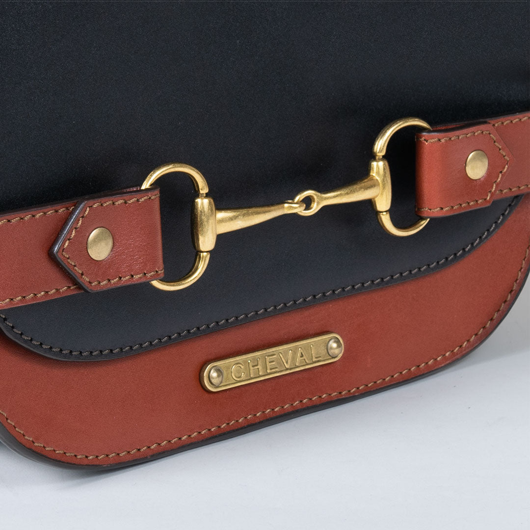Urban Equestrian Saratoga - Horse Bit Crossbody Luxury Leather Handbag in Cognac on Black