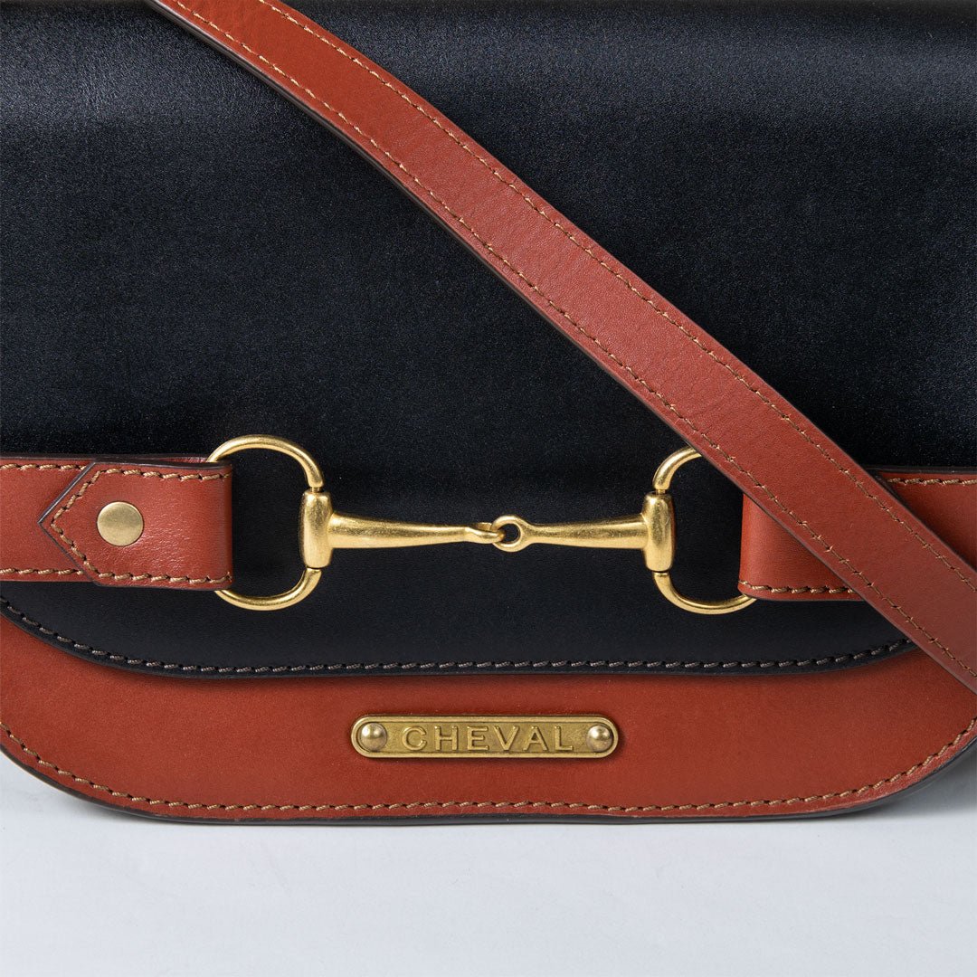 Urban Equestrian Saratoga - Horse Bit Crossbody Luxury Leather Handbag in Cognac on Black