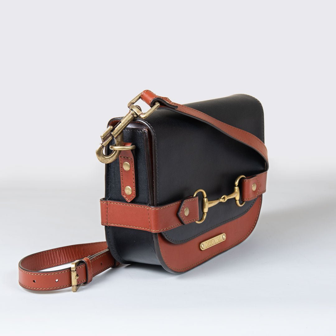 Urban Equestrian Saratoga - Horse Bit Crossbody Luxury Leather Handbag in Cognac on Black