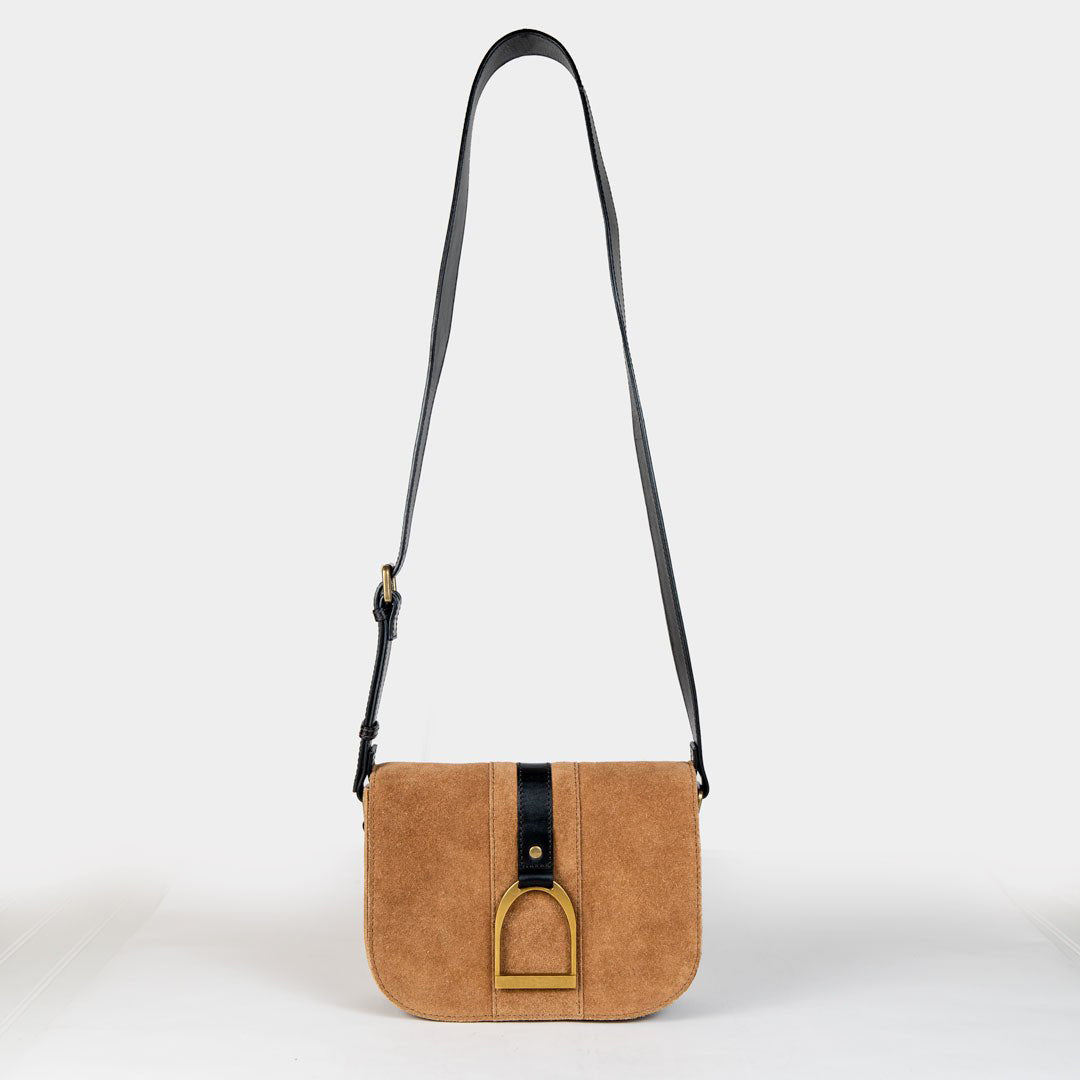 Urban Equestrian Signature Stirrup - Riding Stirrup Crossbody Luxury Leather Handbag in Black on Chestnut