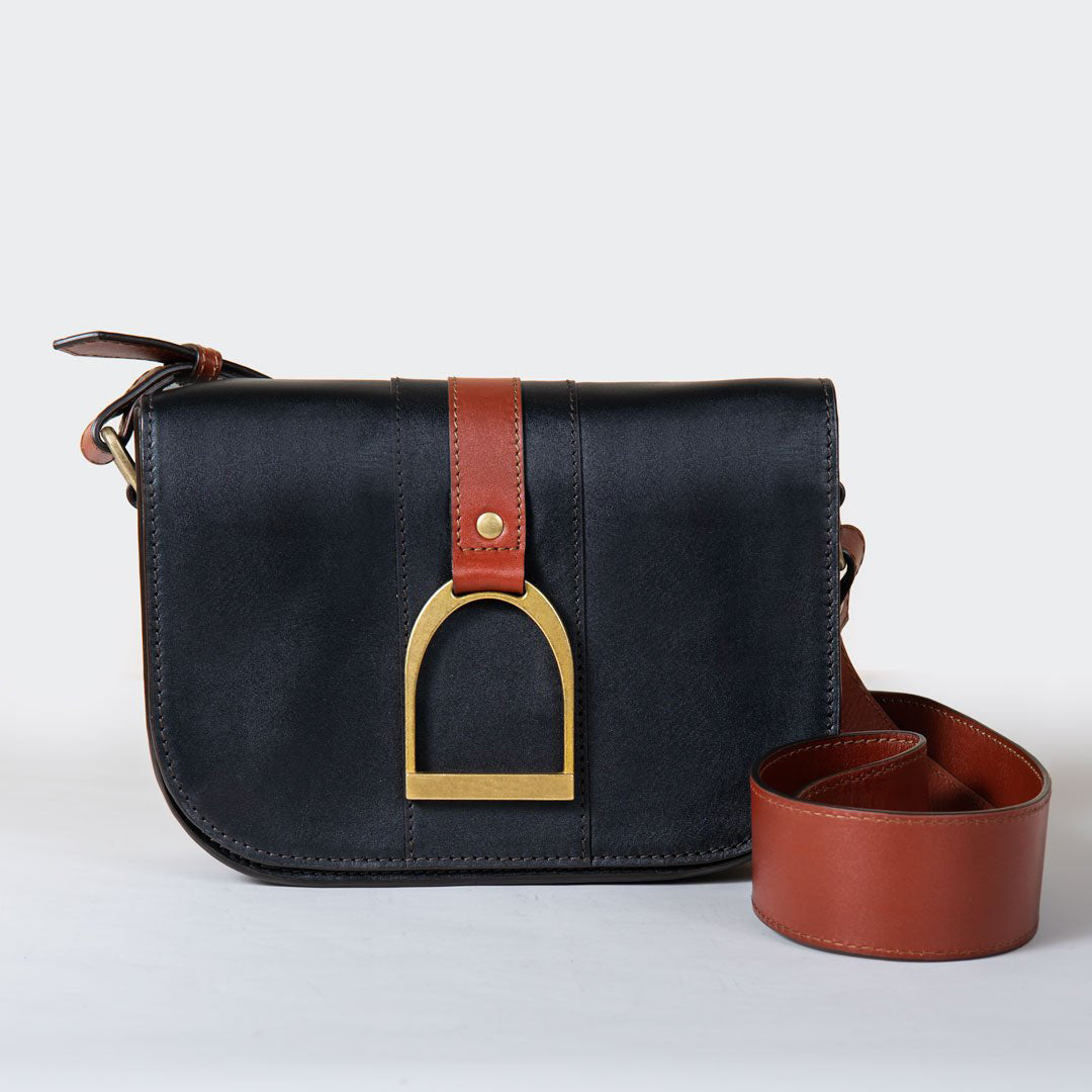 Signature Stirrup - Riding Stirrup Crossbody Luxury Leather Handbag in Cognac on Black