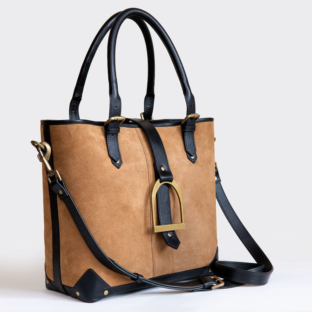 Urban Equestrian Signature - Riding Stirrup Tote Luxury Leather Handbag in Black on Chestnut