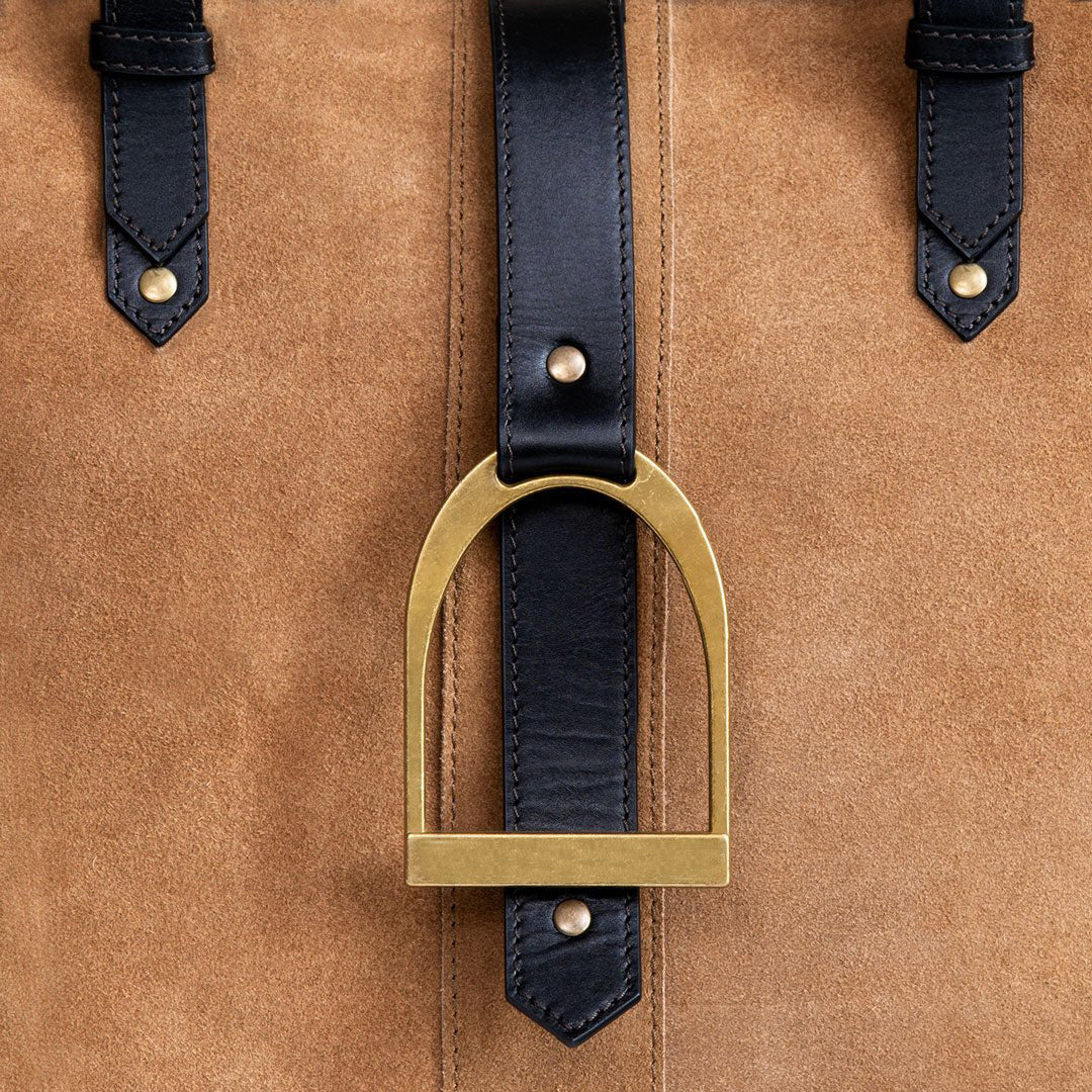 Urban Equestrian Signature - Riding Stirrup Tote Luxury Leather Handbag in Black on Chestnut