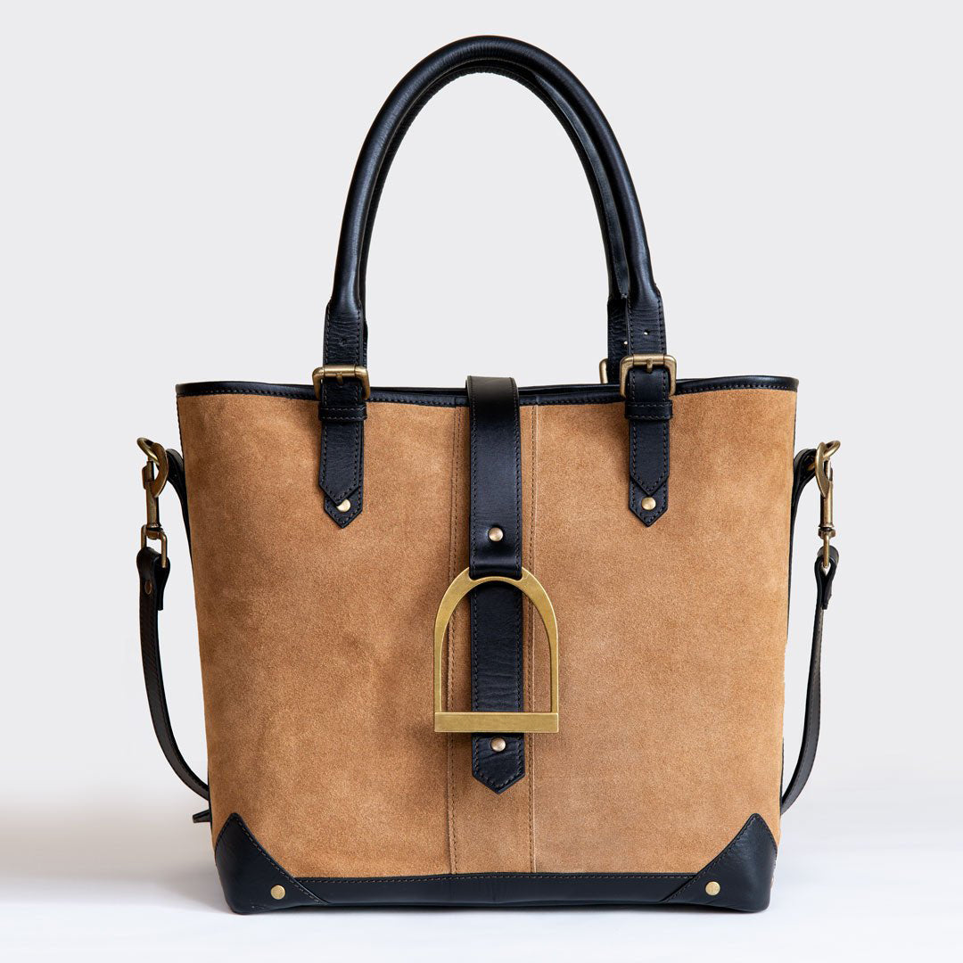 Urban Equestrian Signature - Riding Stirrup Tote Luxury Leather Handbag in Black on Chestnut