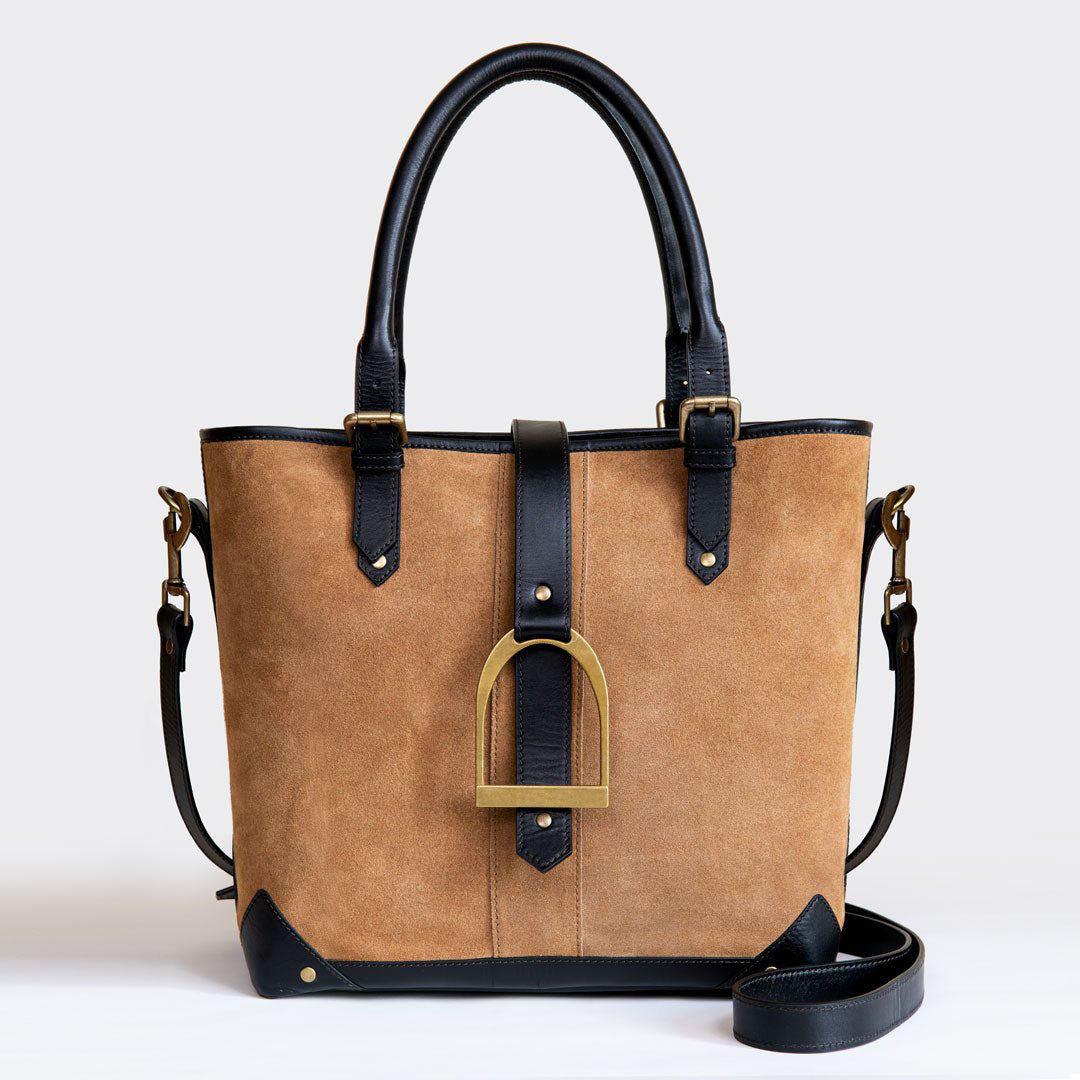 Urban Equestrian Signature - Riding Stirrup Tote Luxury Leather Handbag in Black on Chestnut
