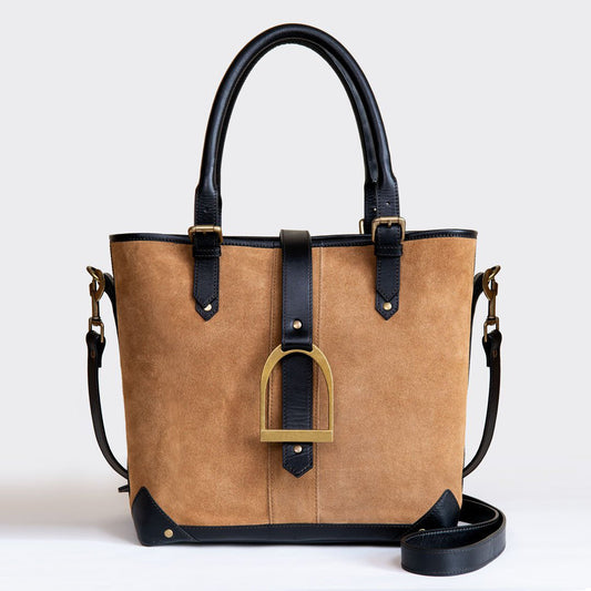 Urban Equestrian Signature - Riding Stirrup Tote Luxury Leather Handbag in Black on Chestnut