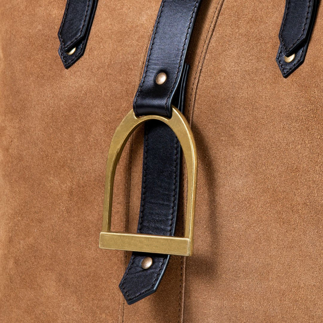 Urban Equestrian Signature - Riding Stirrup Tote Luxury Leather Handbag in Black on Chestnut