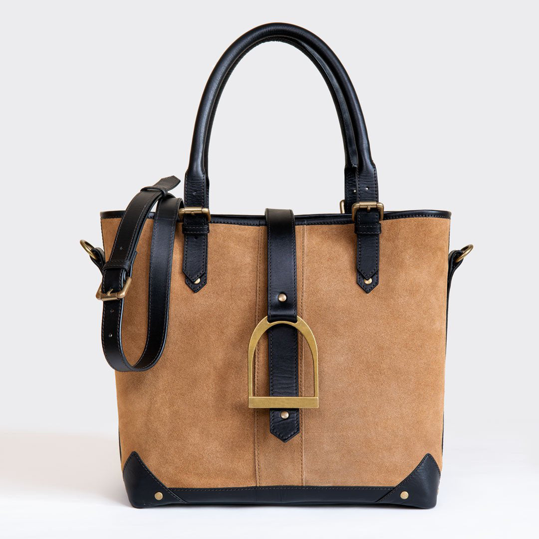 Urban Equestrian Signature - Riding Stirrup Tote Luxury Leather Handbag in Black on Chestnut