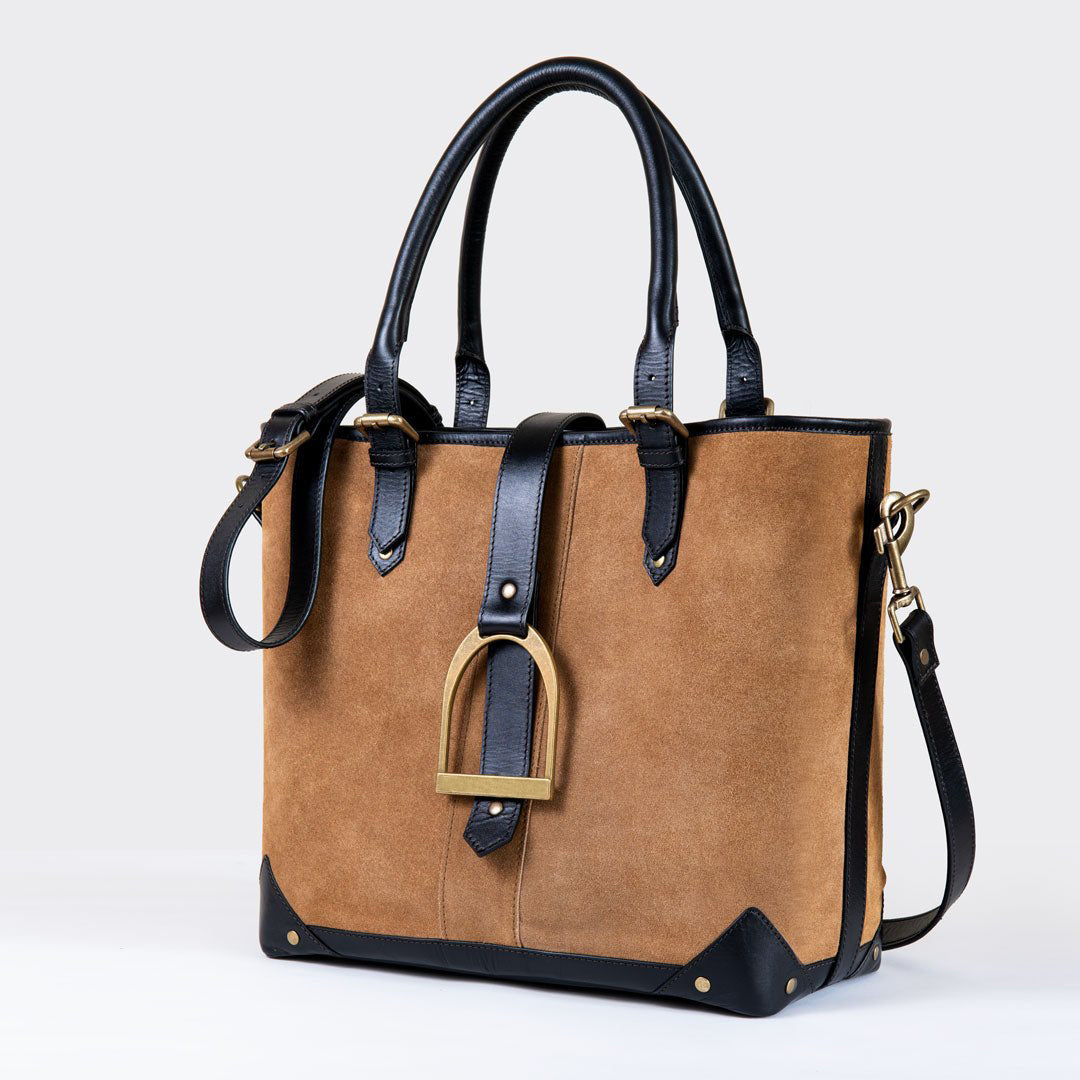 Urban Equestrian Signature - Riding Stirrup Tote Luxury Leather Handbag in Black on Chestnut