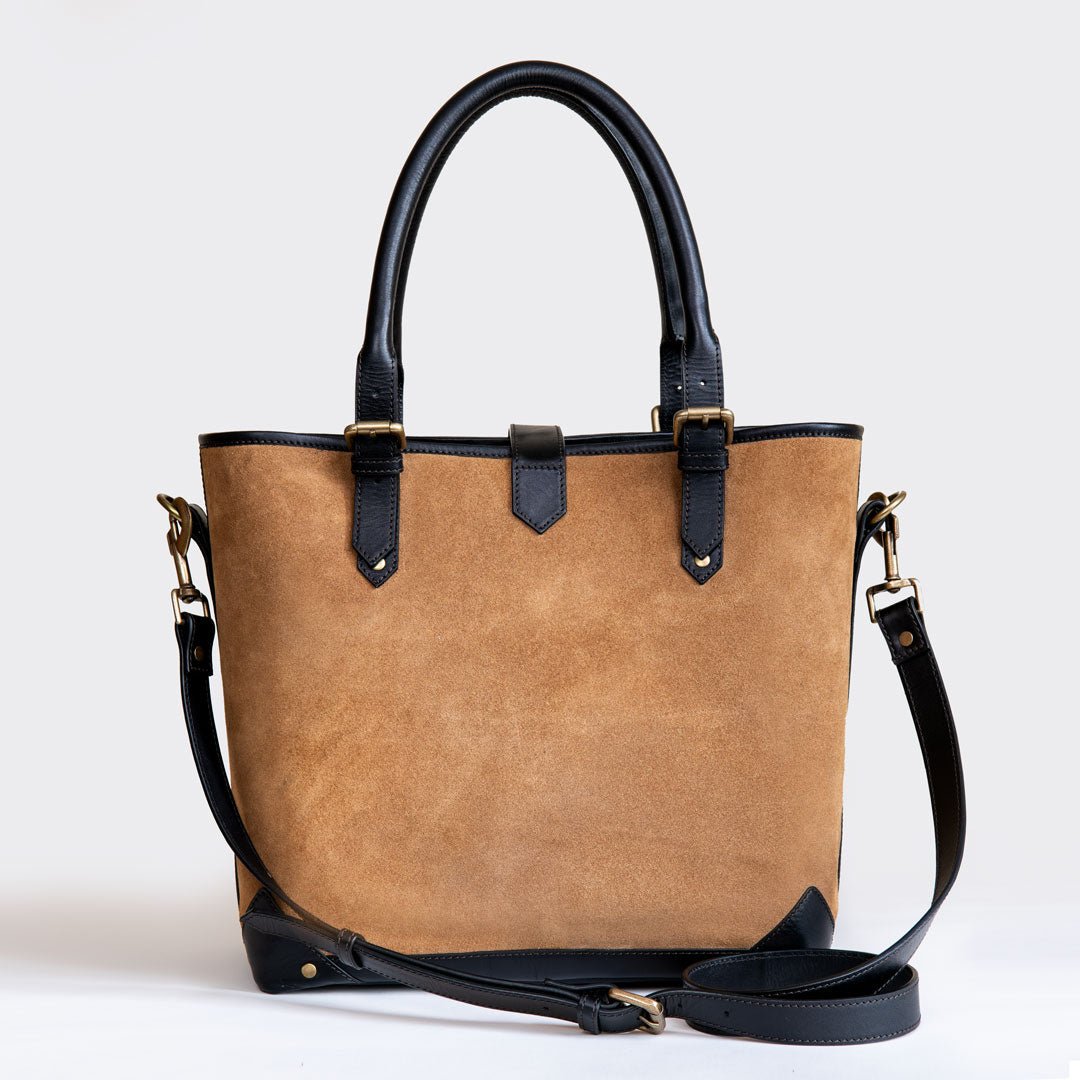 Urban Equestrian Signature - Riding Stirrup Tote Luxury Leather Handbag in Black on Chestnut