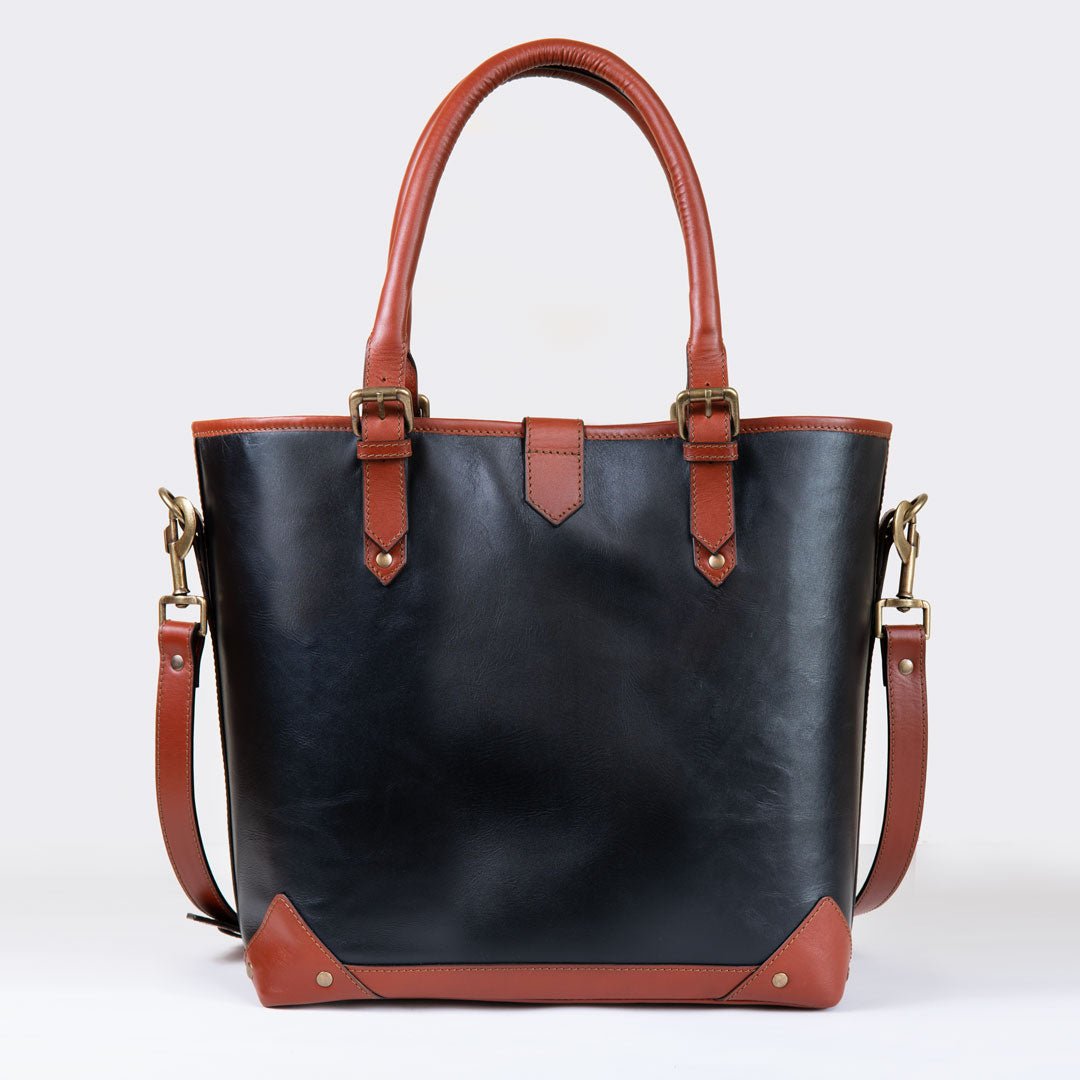 Urban Equestrian Signature - Riding Stirrup Tote Luxury Leather Handbag in Cognac on Black