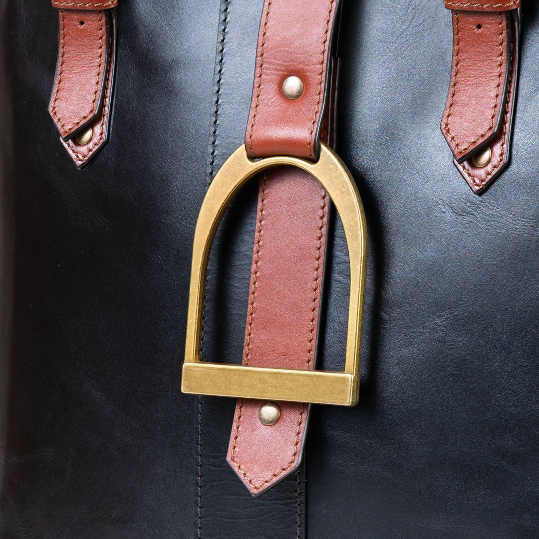 Urban Equestrian Signature - Riding Stirrup Tote Luxury Leather Handbag in Cognac on Black