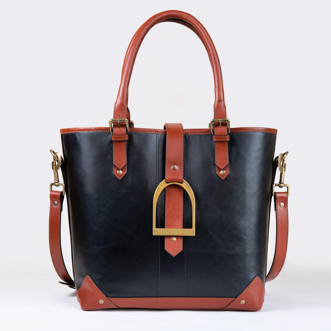 Urban Equestrian Signature - Riding Stirrup Tote Luxury Leather Handbag in Cognac on Black