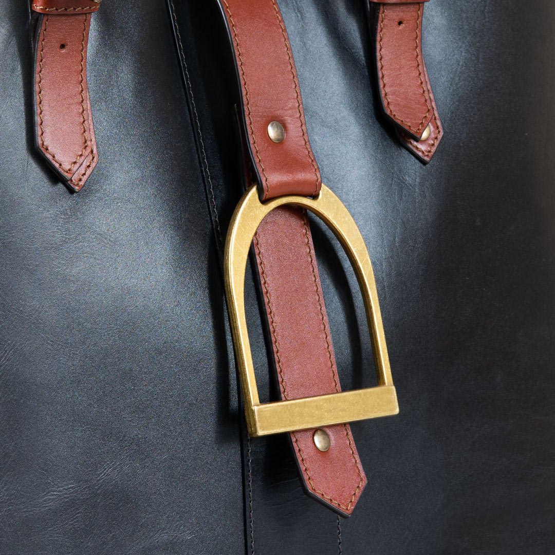 Urban Equestrian Signature - Riding Stirrup Tote Luxury Leather Handbag in Cognac on Black