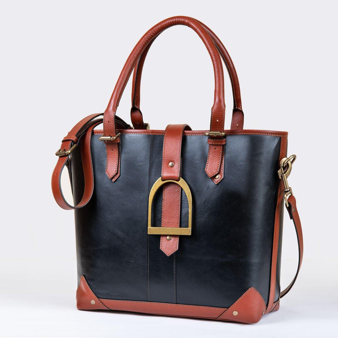 Urban Equestrian Signature - Riding Stirrup Tote Luxury Leather Handbag in Cognac on Black