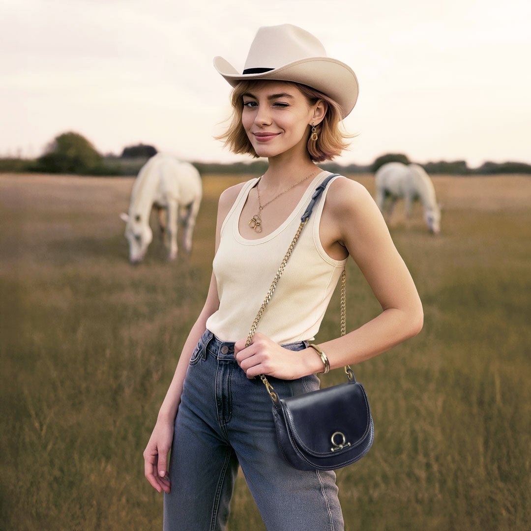 Urban Equestrian Coronado - Horse Bit Lock Luxury Leather Crossbody Handbag in Black