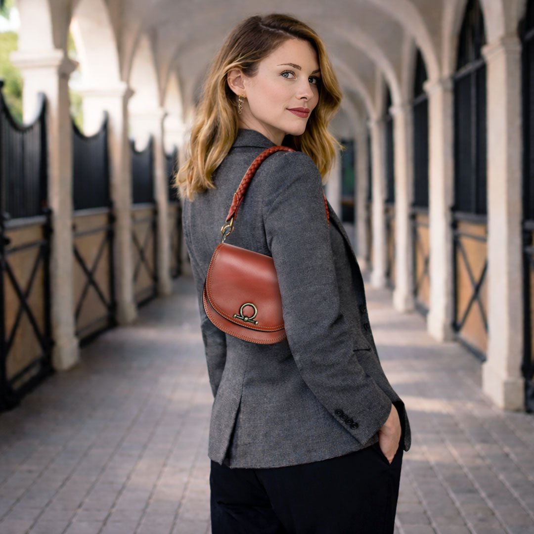 Urban Equestrian Coronado - Horse Bit Lock Luxury Leather Crossbody Handbag in Cognac