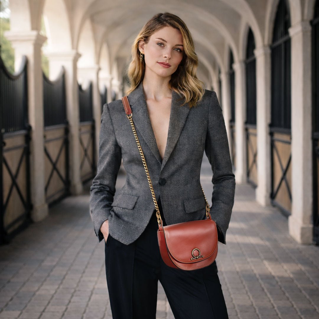 Urban Equestrian Coronado - Horse Bit Lock Luxury Leather Crossbody Handbag in Cognac